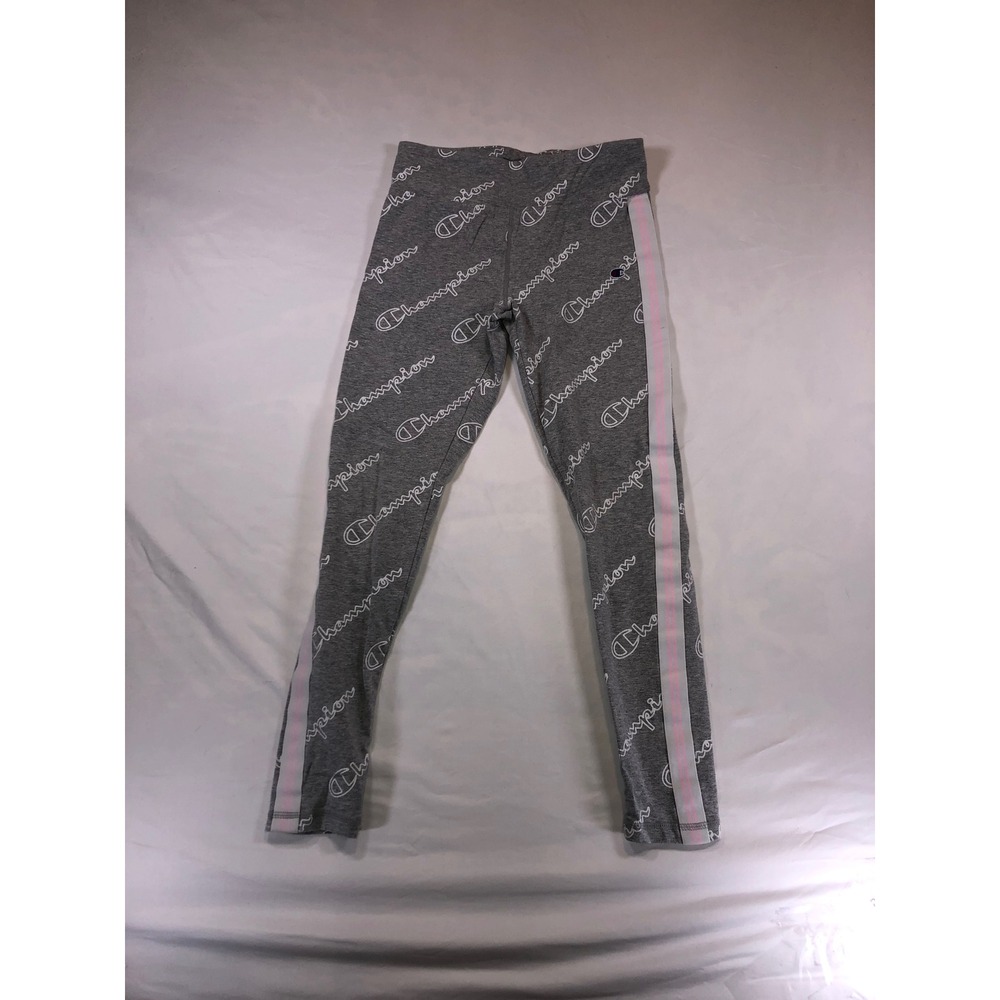 Champion Gray Logo Print Leggings Pink Side Stripe Athletic Pants Size M